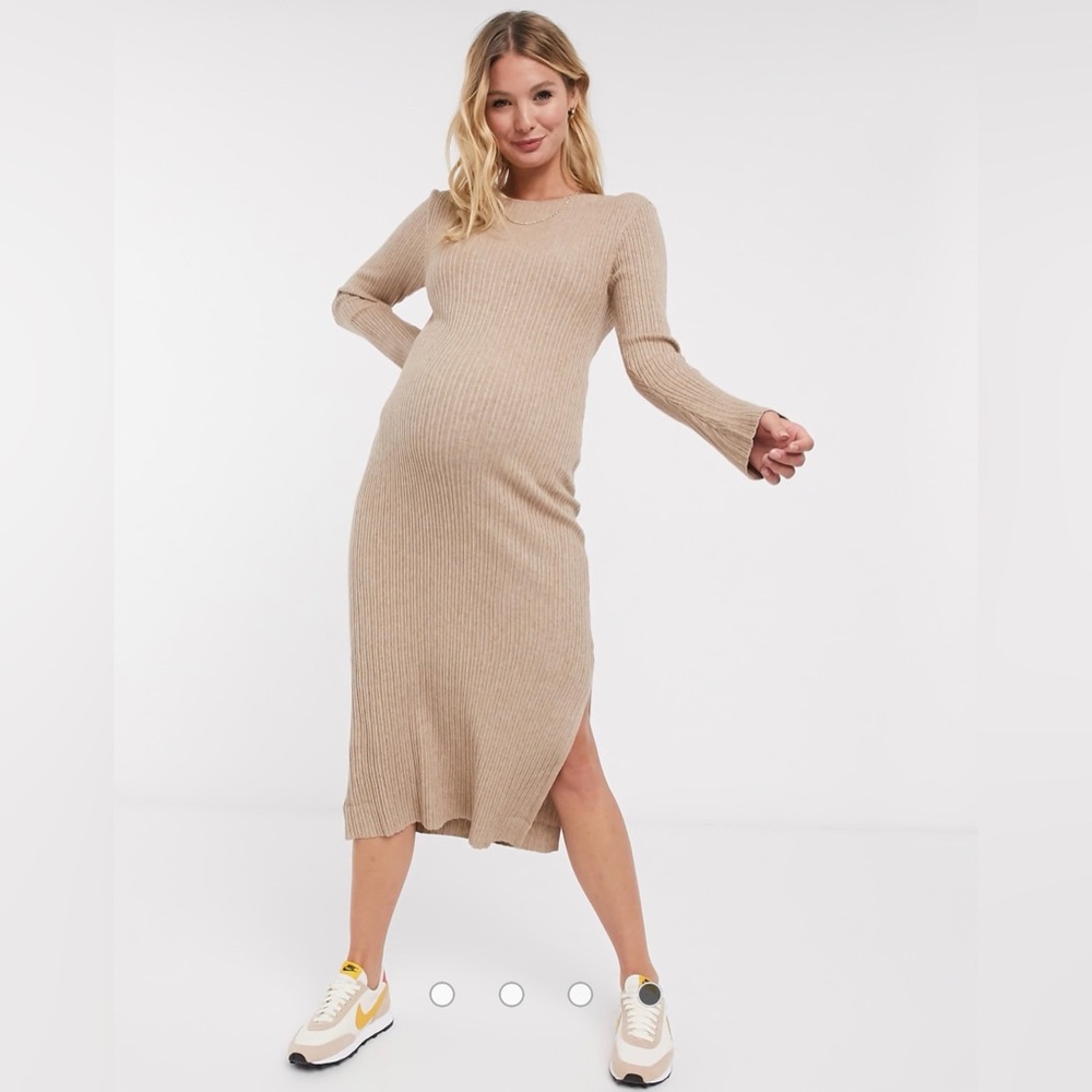 ASOS DESIGN Maternity midi rib dress with cowl neck in taupe